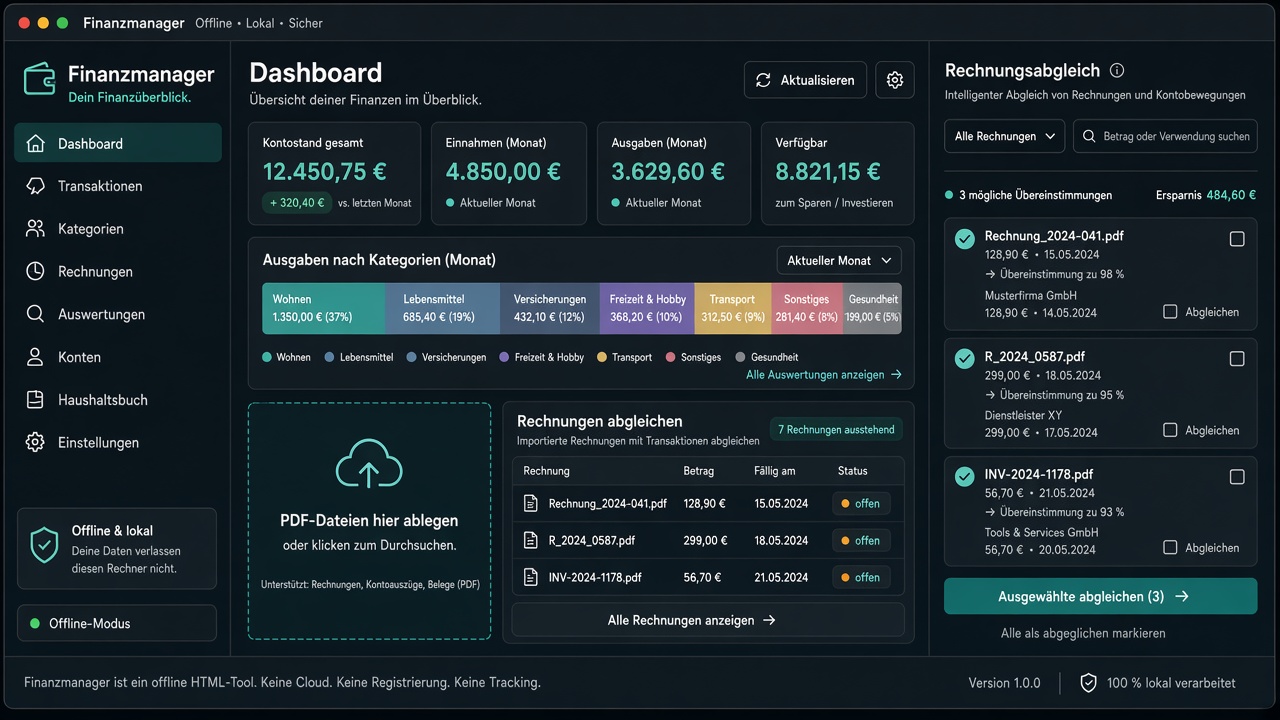 Demo-Oberfläche Finanzmanager mit Kategorien und Import